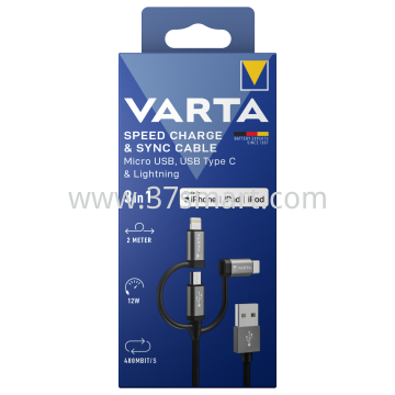 VARTA Kabel, USB-A/Micro/C/Lightning, 3in1, 2.0m 12W, 480Mbit/s, schwarz Blister