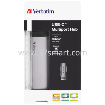 Verbatim Hub, USB 3.1-C, Multiport 2x USB 3.0, HDMI 4K Power Charge USB-C Kabel Blister