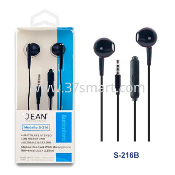 Jean Auricolare Stereo Jack 3.5mm con Microfono S-216 Nero