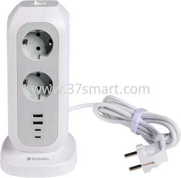 VERBATIM Steckdosen Tower, EUPT-01, Kabel 2m, weiss 11x 230V EU, 2x USB Typ-A, 2x USB Typ-C, Retail Blase