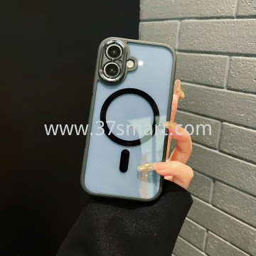 Compatibile iPhone 16 Plus Magnetic Transparent  Phone Case Metal Lens Schwarz