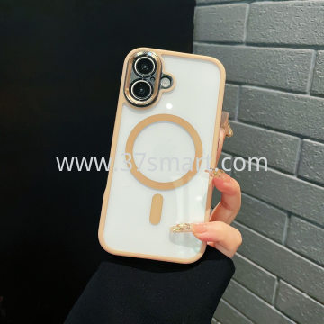 Compatibile iPhone 16 Plus Magnetic Transparent  Phone Case Metal Lens Rosa