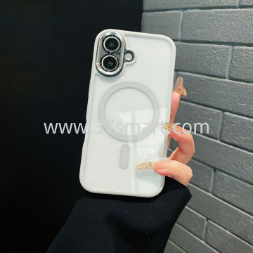 Compatibile iPhone 16 Magnetic Transparent  Phone Case Metal Lens Bianco