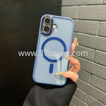 Compatibile iPhone 16 Magnetic Transparent  Phone Case Metal Lens Blau