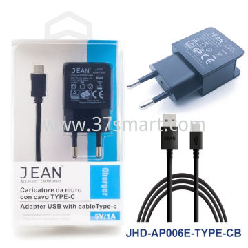 Jean 5V/1A Wall Charger With Type-C Cable Schwarz