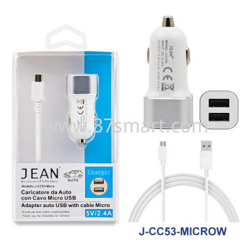 Caricatore da Auto 5V/2.4A Dual USB Con Cavo Micro USB Bianco