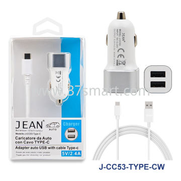 5V/2.4A Dual USB Car Charger With Type-C Cable White