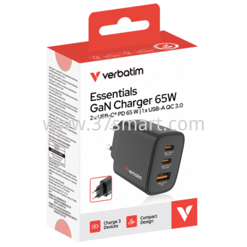 Verbatim Ladeadapter Essentials, 65W, schwarz 1x USB-A QC, 2x USB-C PD max. 65W Black