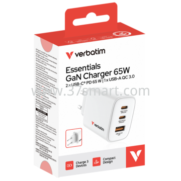 Verbatim Ladeadapter Essentials, 65W, schwarz 1x USB-A QC, 2x USB-C PD max. 65W White